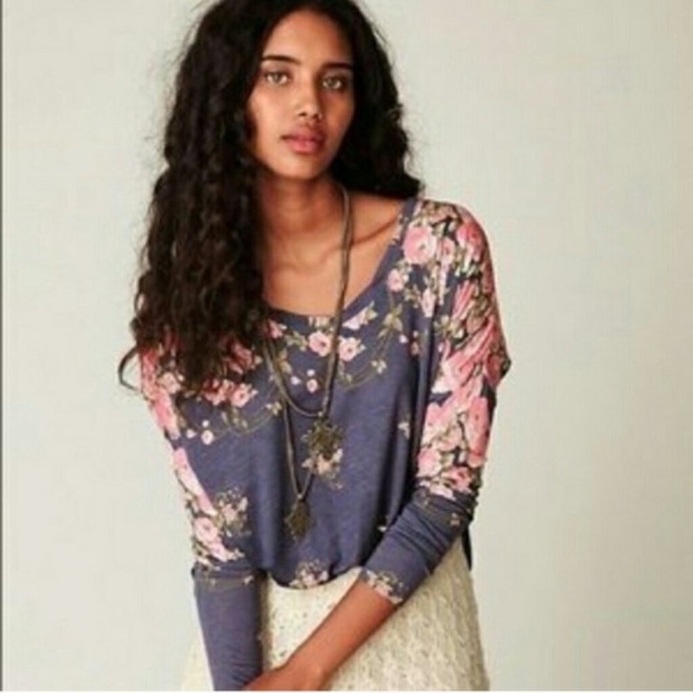 Free People Gray Crop Rose Floral Long Sleeve Sz S
